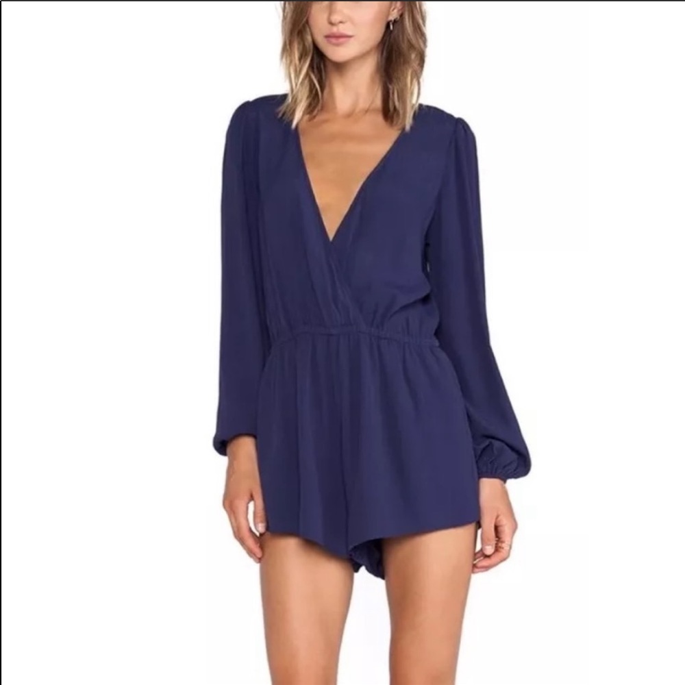 Lovers + Friends Navy Long-Sleeve Surplice Romper